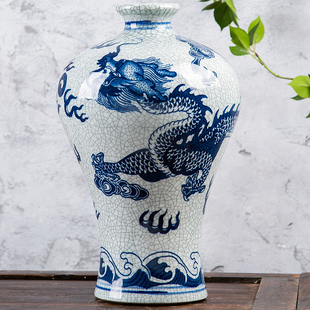 景德镇陶瓷器花瓶仿官窑，裂纹釉龙纹花瓶，插花中式家居客厅装饰摆件