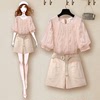 粉色蕾丝上衣夏季小衫高档洋气法式甜美女减龄超仙高端短袖雪纺衫