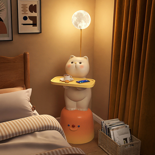 可爱猫落地灯一体儿童房卧室床头柜置物客厅沙发旁边的高级感台灯