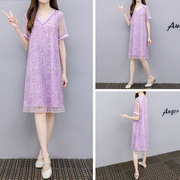 2023夏季紫色印花裙子中长款宽松显瘦V领雪纺网纱连衣裙女装