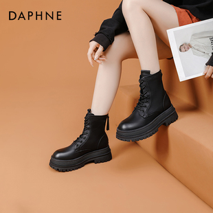 达芙妮马丁靴女款2023秋季靴子，黑色英伦风单靴松糕厚底短靴女