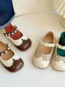 2024春季女童皮鞋儿童珍珠公主鞋，软底女宝宝方口单鞋潮休闲橡胶