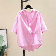 设计感玫粉色短袖衬衫，女2024年夏季韩版宽松显瘦减龄衬衣上衣
