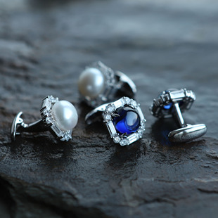 玛诗杜原创925银袖扣镶嵌白色锆石圆形珍珠蓝宝石珠女士法式袖钉