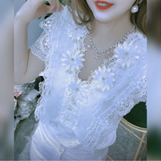 夏季仙女蕾丝衫钉珠荷叶边立体花朵修身显瘦洋气套头白色短袖上衣