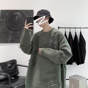 墨绿色美式慵懒chic毛衣，男款冬季日系复古毛边，针织衫oversize外套