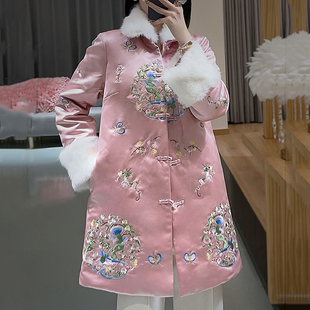中式棉服女中长款冬高级感重工刺绣对襟可拆毛领唐装棉服女中国风