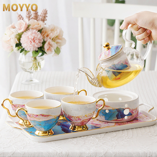 moyyo英式陶瓷玻璃花茶杯，套装下午茶茶具，茶壶带过滤蜡烛加热家用