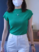 绿色冰丝短袖上衣女2022年夏季无袖圆领打底衫T恤时尚套装