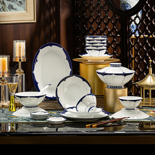 玉柏景德镇玲珑陶瓷餐具碗盘碗碟家用套装中国风高档釉下彩青花瓷