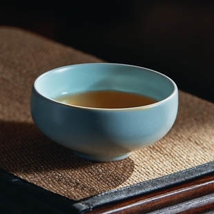 恒福东道汝窑大肚品茗杯家用高端精致陶瓷可养开片茶杯礼盒款