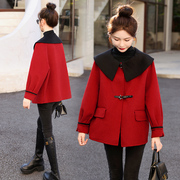 韩版冬装法式设计感拼色荷叶，大翻领皮扣门襟双面，羊毛呢短外套