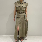 韩系chic夏季复古百搭短款工装马甲外套+高腰系带开叉半身裙套装