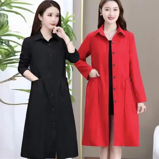 红色风衣外套女2023韩版中长款宽松小个子，大衣妈妈装薄款女士