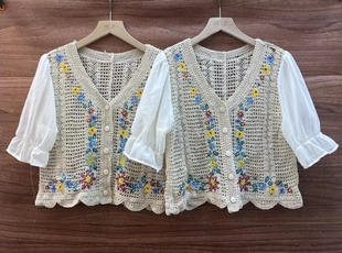 花朵刺绣假两件针织衫女装甜美减龄泡泡袖小个子衬衫上衣夏季