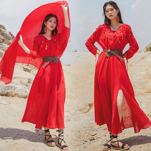 复古大红色民族风大摆连衣裙三亚沙滩裙西藏沙漠，度假旅游草原长裙