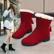 红色中筒短靴子女2024雪地，靴女款冬季加绒加厚东北大棉鞋女鞋