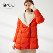 EMOO杨门橘红白鸭绒羽绒服女冬季连帽通勤中长款保暖外套