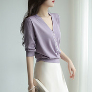 夏装紫色开衫针织衫女装时尚小衫冰丝打底衫T恤上衣女配外套
