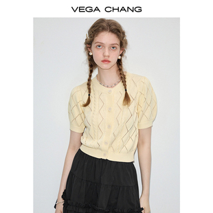 vegachang镂空针织衫女2024年夏季设计感菱格短袖针织开衫