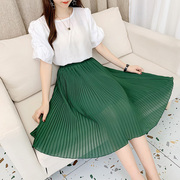 2022夏季韩版雪纺，半身裙高腰中长款百褶裙大码长裙，过膝女中裙