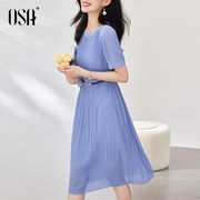 欧莎（OSA）蓝色雪纺连衣裙女夏季23年收腰显瘦优雅百褶裙子