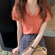 奶橘色短袖t恤女日系学生，小个子翻领脏橘色上衣修身显瘦打底衫女