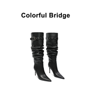 Colorful Bridge丨褶皱堆堆靴风衣靴 细跟尖头一脚蹬黑色高筒靴