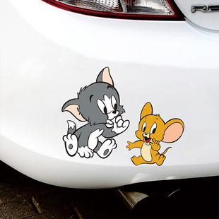 汽车车身保险杠划痕遮挡贴纸卡通，图案猫和老鼠，可爱电动车防水车贴