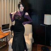法式气质黑色鱼尾吊带连衣裙+紫色打底针织衫女2024秋季时尚套装