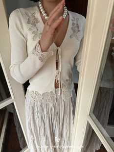 bettychow性感天花板奶油白蕾丝(白蕾丝，)镂空开衫，法式修身时髦长袖上衣