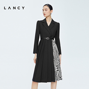 LANCY/朗姿2022冬季羊毛收腰中长款西装连衣裙女子撞色高级裙