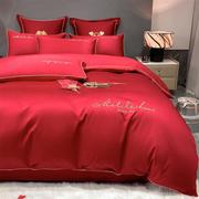 结婚床上用品红色婚床四件套婚房喜被床单被套被单婚礼欧式大红色