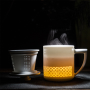 景德镇陶瓷杯子茶水分离泡，茶杯带盖过滤喝茶办公杯白瓷玲珑商务杯