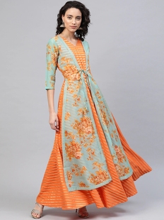 印度女装橘色条纹Crepe假2件长裙修身显瘦个性连衣裙 2023