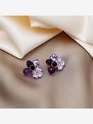 银针韩国ins紫色镶钻猫眼石水晶花朵耳环仙女甜美复古设计感耳饰