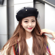 羊毛呢帽子女秋冬季韩版时尚网纱珍珠贝雷帽英伦复古画家帽潮