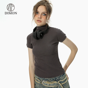 Dimon美式舒适百搭小高领修身收腰短袖T恤女2023夏季上衣街舞