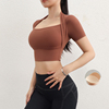 九麦一品含胸垫瑜伽服短袖性感，露脐运动上衣弹力，修身显瘦t恤网红