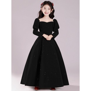 儿童礼服公主裙秋冬长袖高端黑色晚礼服女童主持人生日钢琴演出服