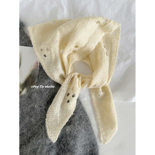 韩国小众设计纯色镂空针织头巾包头百搭多功能毛线三角巾领巾女士