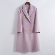 紫色长毛双面羊绒大衣女，中长款羊毛小香风百搭西装领外套宽松潮