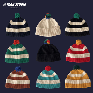 日系可爱彩色球球条纹针织帽，子女秋冬季保暖护耳包头帽(包头帽)韩版毛线帽