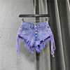 欧美女装24夏季紫色洋气性感低腰单排扣A字牛仔短裤绑带热裤