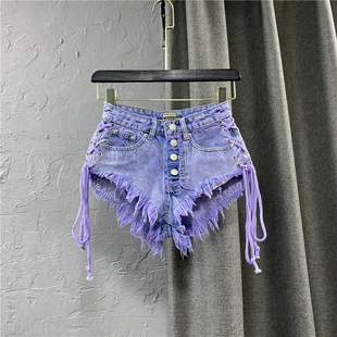 欧美女装24夏季紫色洋气，性感低腰单排扣a字，牛仔短裤绑带热裤