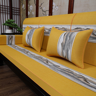 红木沙发坐垫中式乳胶垫，实木家具罗汉，床垫五件套黄色加厚海绵防滑