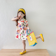 女童可爱卡通印花短袖连衣裙2024夏季韩女孩(韩女孩)棉质，衬衫裙娃娃裙