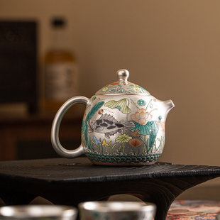纯银999泡茶单壶功夫茶具，家用小套装中式珐琅，彩鎏银高档盖碗茶杯