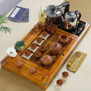 家用实木茶盘套装带电磁炉，四合一体茶台陶瓷，功夫紫砂茶具茶杯整套