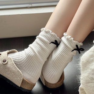 米白色小腿袜女秋冬款甜美棉短袜，竖条纹小香风，堆堆袜灰色中筒袜子